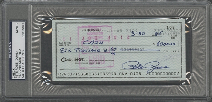 1985 Pete Rose Double-Signed Check for $6,000 Cash (PSA/DNA Mint 9)